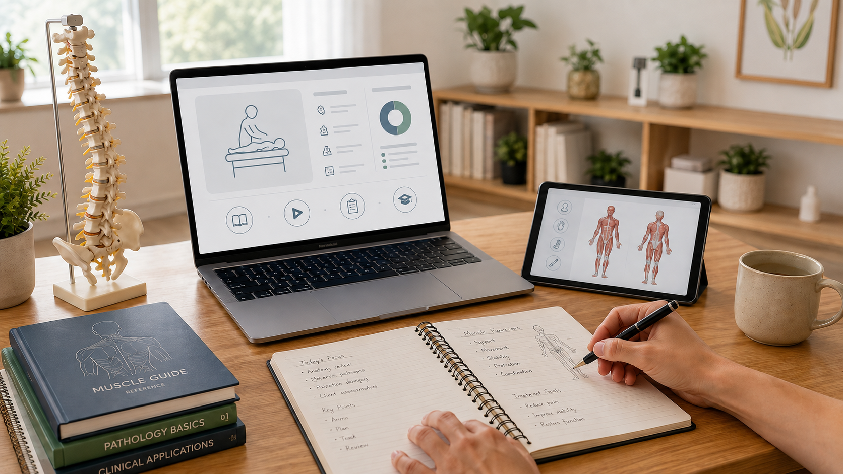 Professional continuing education workspace with a laptop, tablet, anatomy model, books, and study materials
